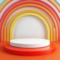 Poster - Colorful rainbow arch with white and red podium platform for product display and presentation stage set. podium with rainbow