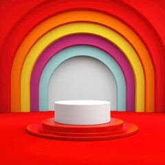Poster - White podium on red platform, with colorful rainbow arch background. podium with rainbow