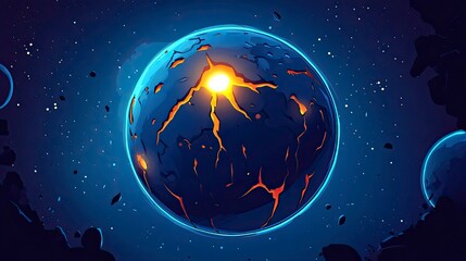 Poster - A blue planet with orange cracks, a space background with planets and stars, a dark blue atmosphere, a blue sky, a white light in the center of an exploding Earth, a dark planet, a galaxy background, 