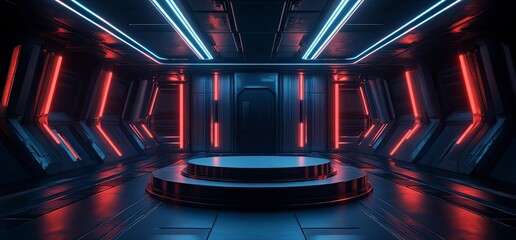Poster - A dark blue and black background with futuristic neon lighting, a round podium in the center of an empty room, a sci-fi, futuristic interior design, vector illustration, 3D rendering, digital art, 