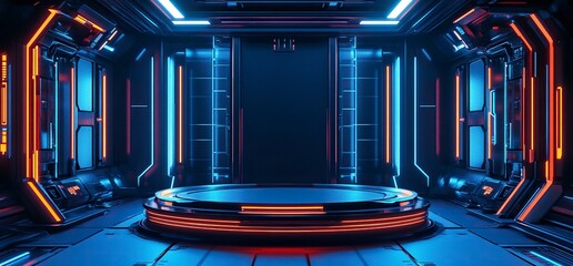 Poster - A dark blue and black background with futuristic neon lighting, a round podium in the center of an empty room, a sci-fi, futuristic interior design, vector illustration, 3D rendering, digital art, 