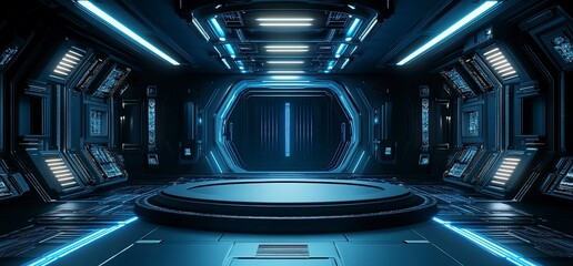 Poster - A dark blue and black background with futuristic neon lighting, a round podium in the center of an empty room, a sci-fi, futuristic interior design, vector illustration, 3D rendering, digital art, 