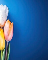 Poster - Beautiful tulips gracefully arranged on a soft blue background creating a refreshing spring vibe