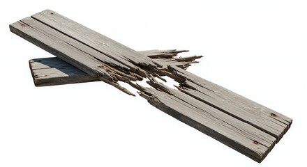 Poster - Collapsed Wooden Bridge Plank Showcasing Splintered Wood and Rot Isolated on White Background Symbolizing Loss of Passage Damage and Decay Weathered Texture
