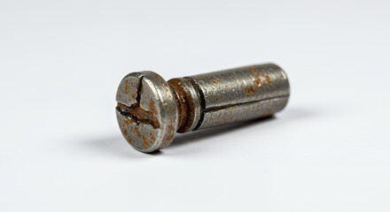 Poster - Corroded Aluminum Airplane Rivet Displaying Oxidative Damage and Stress Fractures Isolated on White Screen Background Revealing Detailed Metal Texture for Industrial Themes