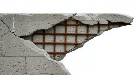 Poster - Crumbling Concrete Retaining Wall Section with Rusty Rebar Isolated on White Screen Background Depicting Damage Decay and Material Degradation Reuse and Recycle Concept