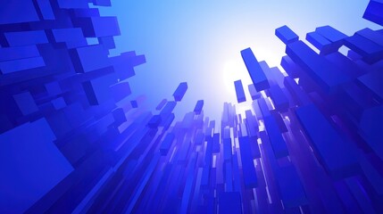 Poster - Abstract perspective of towering, blue geometric structures.