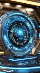 Poster - Futuristic, circular interface with glowing blue lights.