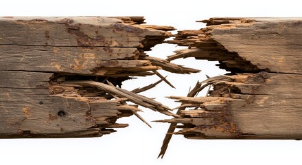 Poster - Demolished Wooden Fence Post Splintered and Weathered Isolated on White Screen Background Showcasing Damage Reuse and Recycle Item with Texture and Detail Against Clear Backdrop