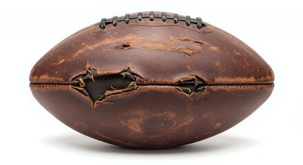 Poster - Distressed Vintage Brown Leather Football Isolated on White Screen Background Displaying Damage and Wear Ideal for Ads or Promotion