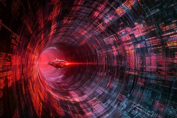 Poster - A spaceship flies through the center of an infinite tunnel made up entirely of computer code. A red light shines on it, with a digital fractal texture background, hyper-realistic and high resolution. 
