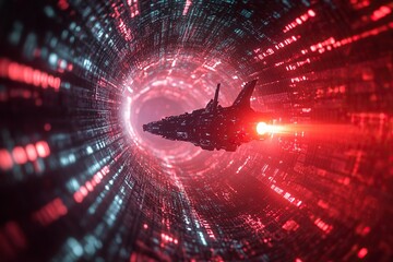 Poster - A spaceship flies through the center of an infinite tunnel made up entirely of computer code. A red light shines on it, with a digital fractal texture background, hyper-realistic and high resolution. 
