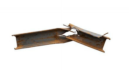 Poster - Mangled Rusted Steel I-Beam Isolated on White Screen Background Showcasing Construction Damage Industrial Collapse Reuse Recycle Item Broken Damaged Texture Detail Object