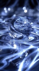 Poster - Intricate glass sphere resting on rippling water surface.