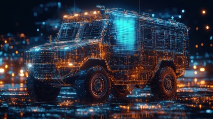 Poster - Futuristic Armored Vehicle: Digital Wireframe Design