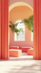 Poster - Coral-hued interior space, featuring archways and seating.