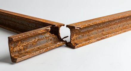 Poster - Severely Rusted Steel I Beam Fragment Snapped in Half Isolated on White Screen Background Showing Flaking Rust and Structural Failure in a Studio Setting