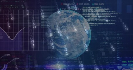Poster - 3D Earth globe glowing at center presenting streaming binary digits and scrolling code overlays