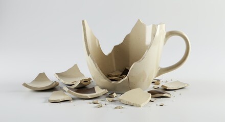 Poster - Shattered Ceramic Coffee Mug Jagged Remains Porcelain Fragments Isolated On White Screen Backdrop Studio Shot Clean Object Realistic Image