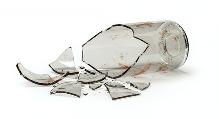 Poster - Shattered Glass Bottle Reflecting Environmental Damage Isolated on White Screen Background Exhibiting Rust Like Blemishes Symbolizing Neglect and Decay