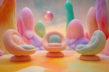 Poster - Pastel-colored, whimsical furniture arrangement in a dreamlike landscape.