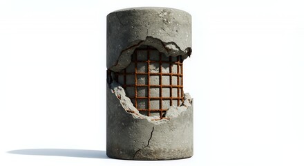 Poster - Weather Damaged Concrete Bollard with Exposed Rebar Isolated on White Screen Background Showing Urban Decay and Construction Object Destruction with Clean Backdrop for Promotion Ads