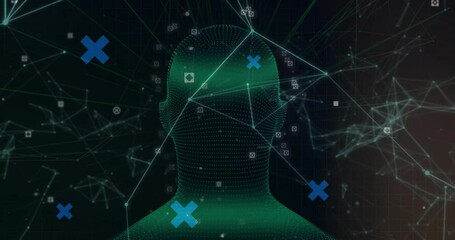 Poster - Animated green mesh silhouette glowing in dark network grid, linking data nodes and blue X markers