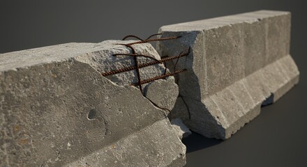 Poster - Weathered And Broken Concrete Barrier Showcasing Chipped Edges And Exposed Rebar Isolated On White Screen Background For Reuse Recycle Repair Projects