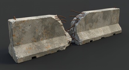 Poster - Weathered Broken Concrete Barrier with Chipped Edges and Exposed Rebar Isolated on White Screen Background Ready for Reuse Recycle Promotion and Ads Blank Backdrop