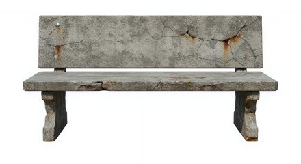 Poster - Weathered Concrete Park Bench Isolated on White Screen Background Showing Damage Rust and Decay Ideal For Projects About Reuse Recycle and Repair Promotion Ads and Decor 4K