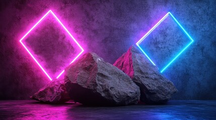 Poster - Neon-lit rocks against a dark concrete backdrop.