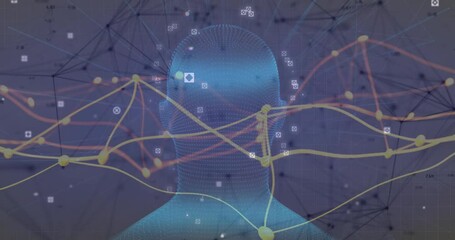 Poster - 3D render displaying blue mesh head glowing while yellow orange network lines streaming