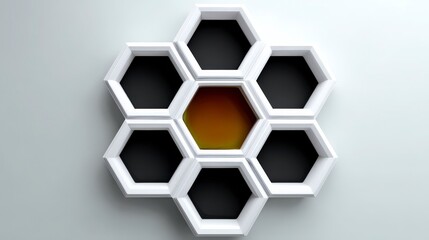 Poster - Abstract Honeycomb Structure  White Hexagons  Golden Liquid  Modern Design