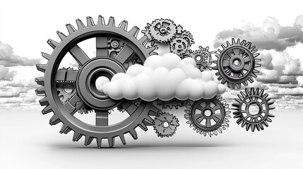 Poster - Cloud Computing:  Interconnected Gears and Cloud Synergy, Representing  Technological Advancement and Efficiency in Data Processing and Network Systems.
