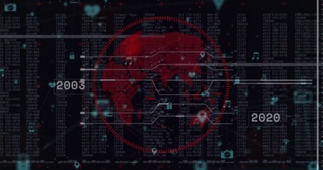 Poster - Red digital globe rotating in futuristic interface, showing white code columns and blue icons