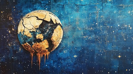 an abstract depiction of planet earth with cracks and lava in the vastness of space, set against a b