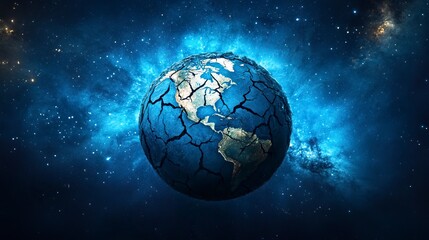 Poster - an abstract depiction of planet earth with cracked lava and cracks on the surface, set against a bac