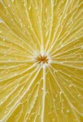 Aufkleber - Lemon Slice Texture Showing Juice Vesicles, Vibrant Yellow Hue Is So Refreshing. Close-up Highlights The Fruit's Juicy Detail. Perfect For Food Photography, Recipes And Vibrant, Fresh Images.