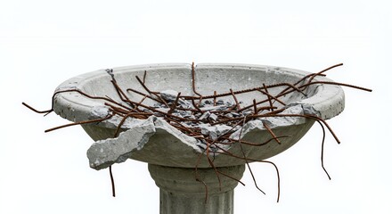 Poster - Cracked Concrete Bird Bath Isolated on White Screen Background Featuring Damage and Broken Texture Perfect for Decoration