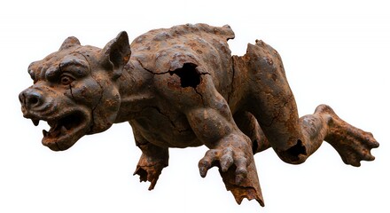 Poster - Damaged Cast Iron Gargoyle Statue with Fractured Limbs and Heavy Rust Isolated on White Screen Background Damage Object Perfect for Decoration and Can Symbolize Decay Decline