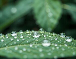 Poster - Nature's Tiny Lenses, Raindrops Adorn A Vibrant Green Leaf. Reflections Sparkle, Revealing A Miniature World. A Close-up Marvel, A Testament To Nature's Artistry.