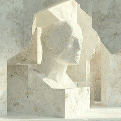 Poster - A sculpted head in a minimalist, architectural space.