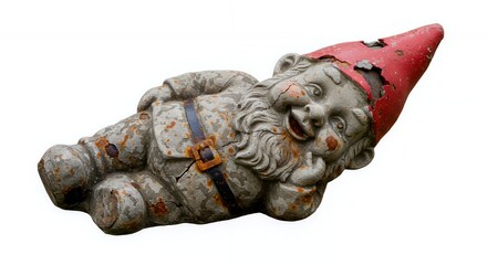 Poster - Damaged Garden Gnome Isolated on White Screen Background Depicting Broken Weathered Stone Garden Gnome for Reuse or Recycle Concept