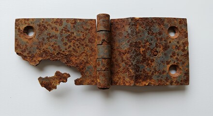 Poster - Single Rusty Metal Hinge Shows Extensive Rust and Corrosion Isolated on White Screen Background Perfect for Decoration and Demonstrates Effects of Time