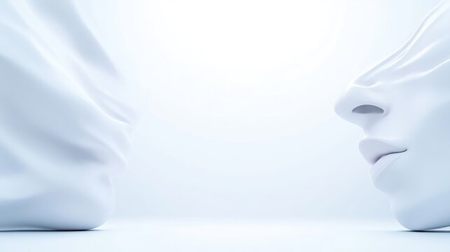 Abstract white masks facing each other in a minimalist setting.