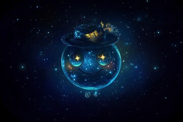 Poster - Blue planet with a starry sky background. Dark space. Abstract cosmic background. Elements of text and graphic design on a dark blue space. The concept for science, fantasy, or a universe theme. 