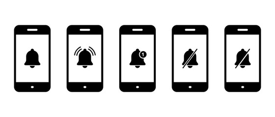 Poster - Notification bell on mobile phone icon set collection. Smartphone alarm sign symbol
