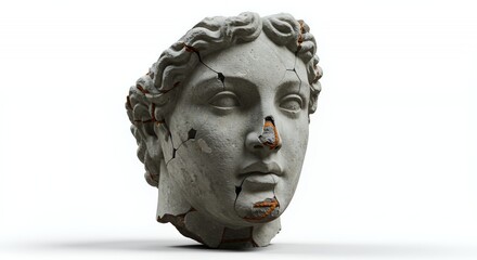 Poster - Chipped Concrete Statue Head Reveals Rebar Isolated on White Screen Background Abandonment Theme Represents Damage and Decay Ideal for Urban Exploration Design