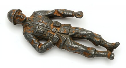 Poster - Damaged and Rusted Toy Soldier Lying Isolated on White Screen Background Showing Corrosion and Metal Decay for Decoration or Earth Day Campaign