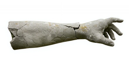 Poster - Crumbling Concrete Garden Statue Arm Significantly Chipped and Broken Isolated on White Screen Emphasizing Weathering and Decay for Decoration or Educational Purposes
